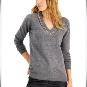 INC International Concepts Gray V-Neck Sweater with Chain Trim